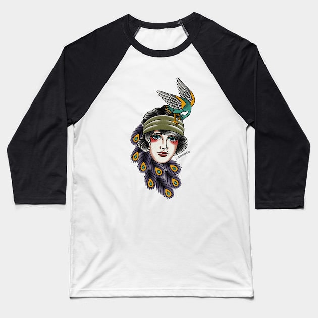 Peacock Lady Head/Face Baseball T-Shirt by NicoleHarvey